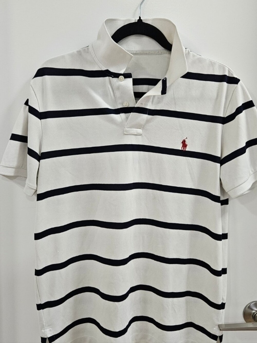 Medium Mens Black & White Striped Ralph Lauren Polo T-Shirt
